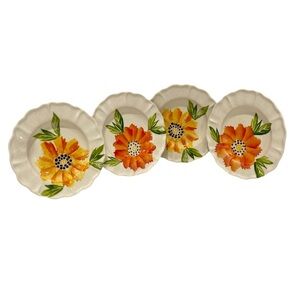 Vintage Sunflower Floral Ceramic Dinner Plates - Set of 4 Small Plates
